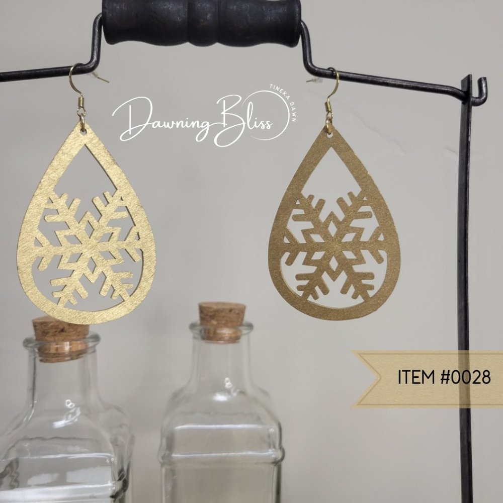 CHRISTMAS- Golden Snowflake- Wooden Lightweight Oversized Dangle Earrings